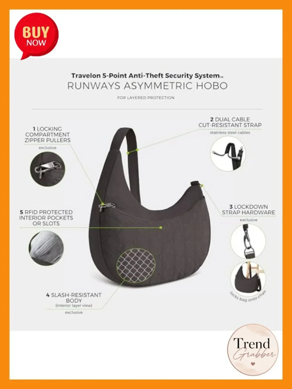 Anti-Theft Hobo with RFID Blocking, Lightweight Nylon